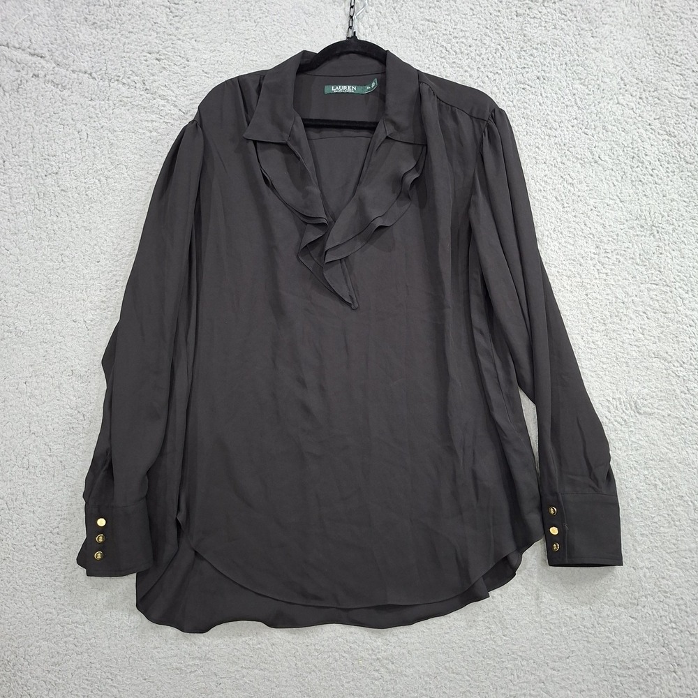 Lauren Ralph Lauren Womens XL Blouse Black Ruffle Basic Popover Gold Logo Button